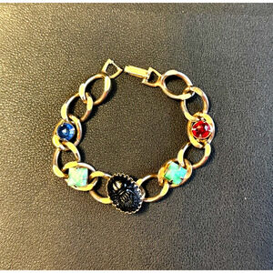Vintage Scarab Bracelet Kafin Style Glass Gold Tone Double Link With Stones